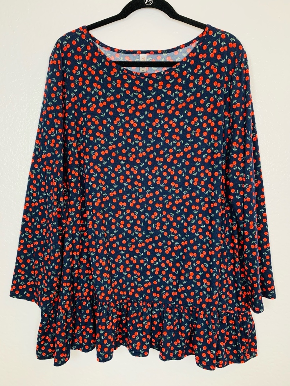 Simlu Cherry Fruit Print Top Womens 3X Navy Blue Red Peplum‎ Hem Cottagecore